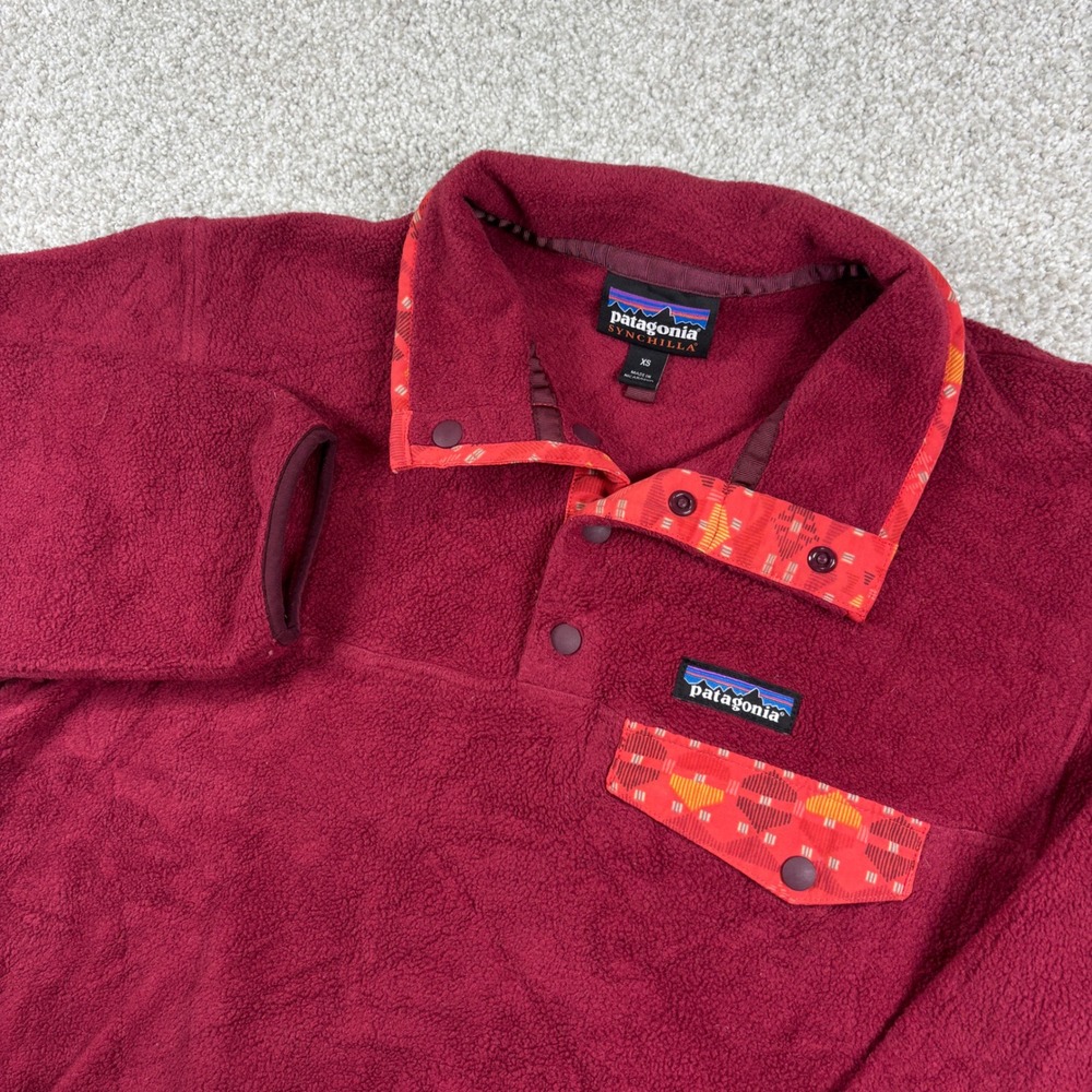 Patagonia Synchilla Fleece Pullover Women XS Burgundy Red Snap-T Geometric Trim